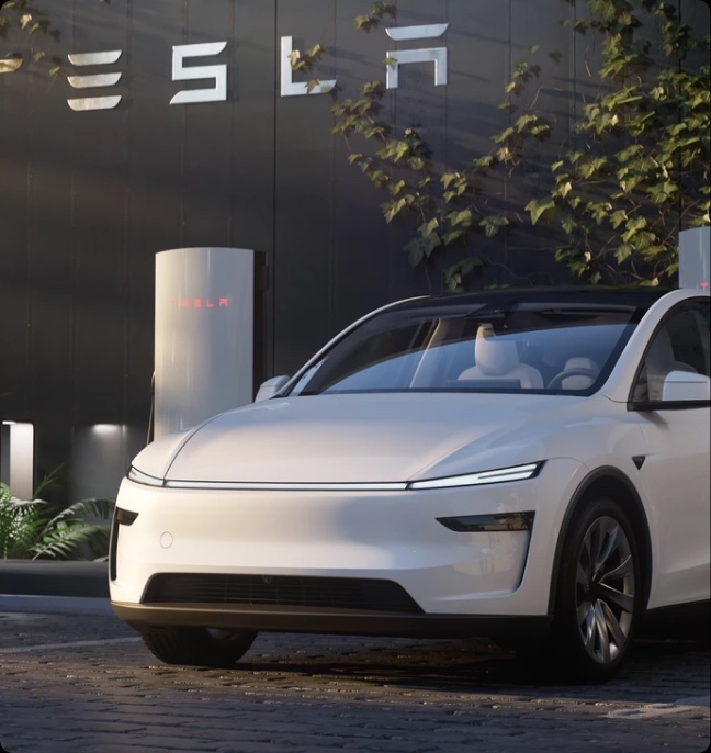 White Tesla parked at a Tesla charging station