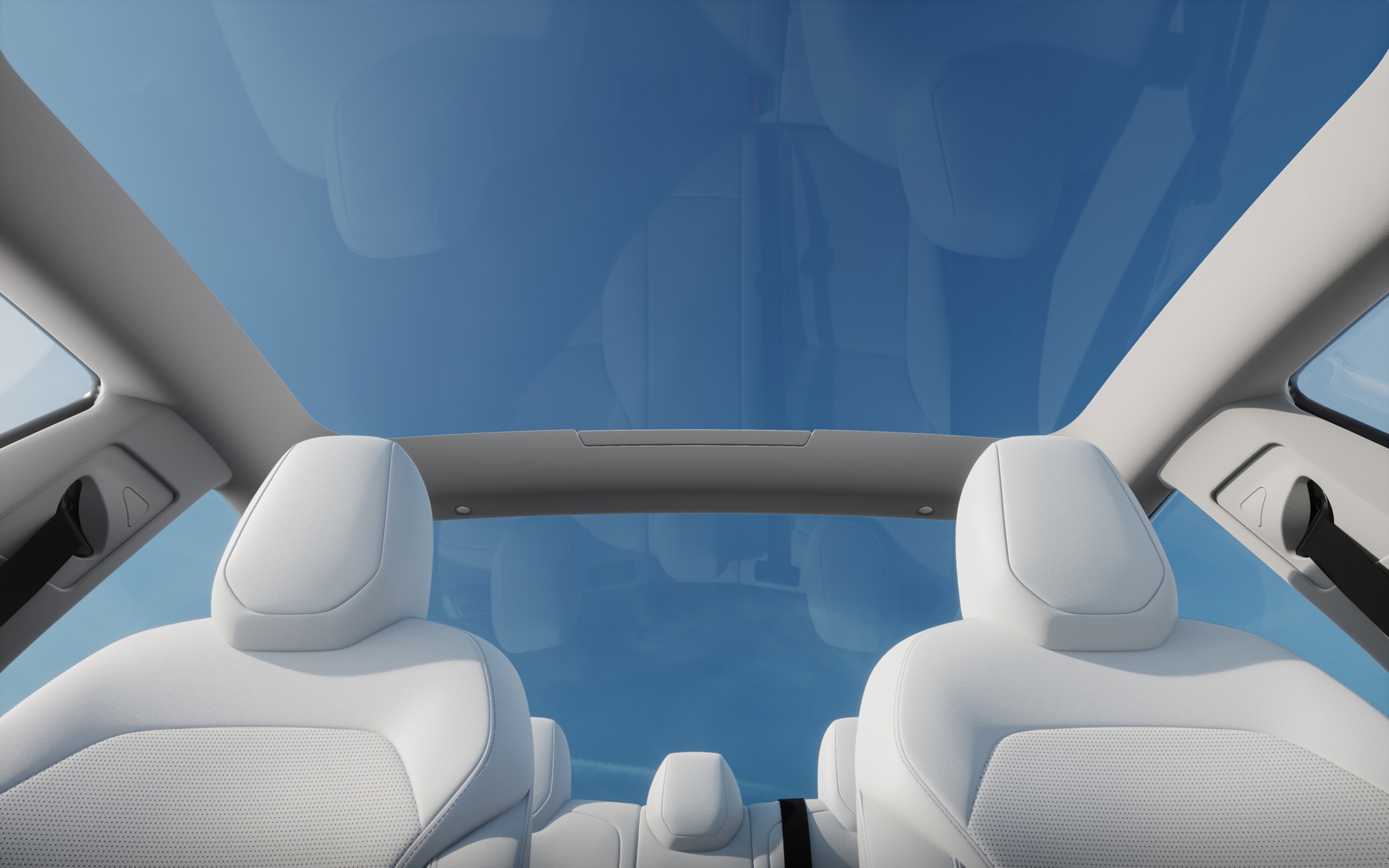 Tesla interior looking up through the glass roof